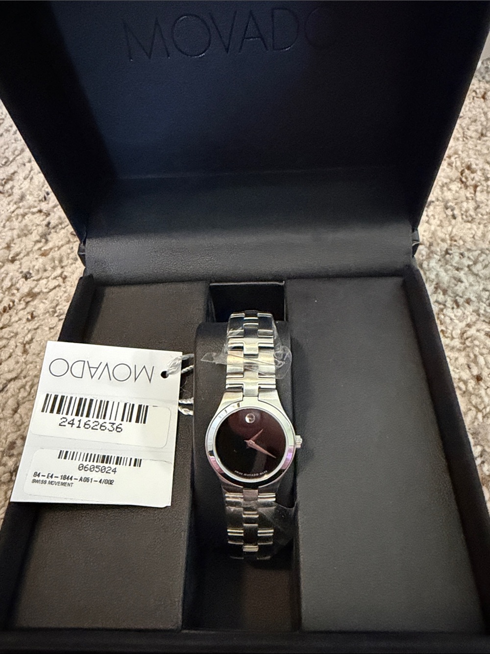 Movado Silver-Tone Bracelet Watch with Black Dial, Unisex, Authentic, In the Box
